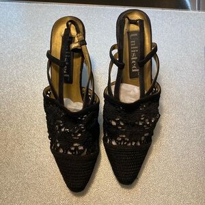 Unlisted Sz 7.5 used good condition black crochet kitten heels elastic back strp